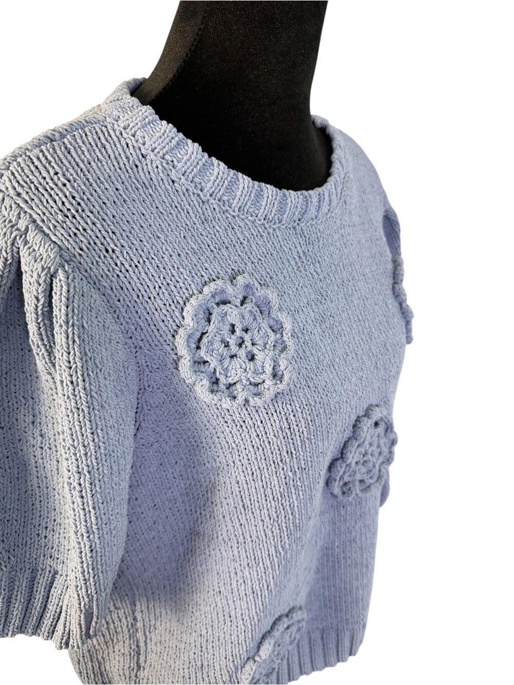 Joie Size L Blue Knit Sweater Top Crochet Floral Appliqué Puff Sleeve Cottagecor - Picture 6 of 10